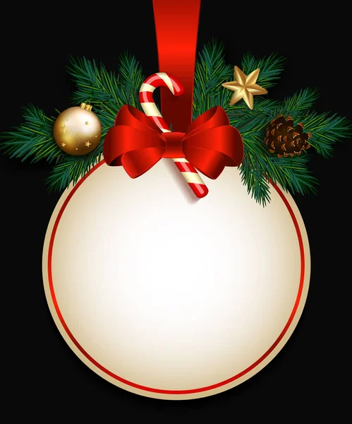 Rotes Weihnachtsschild mit Tannenzweigen, Satinschleife, Zuckerrohr — Stockvektor