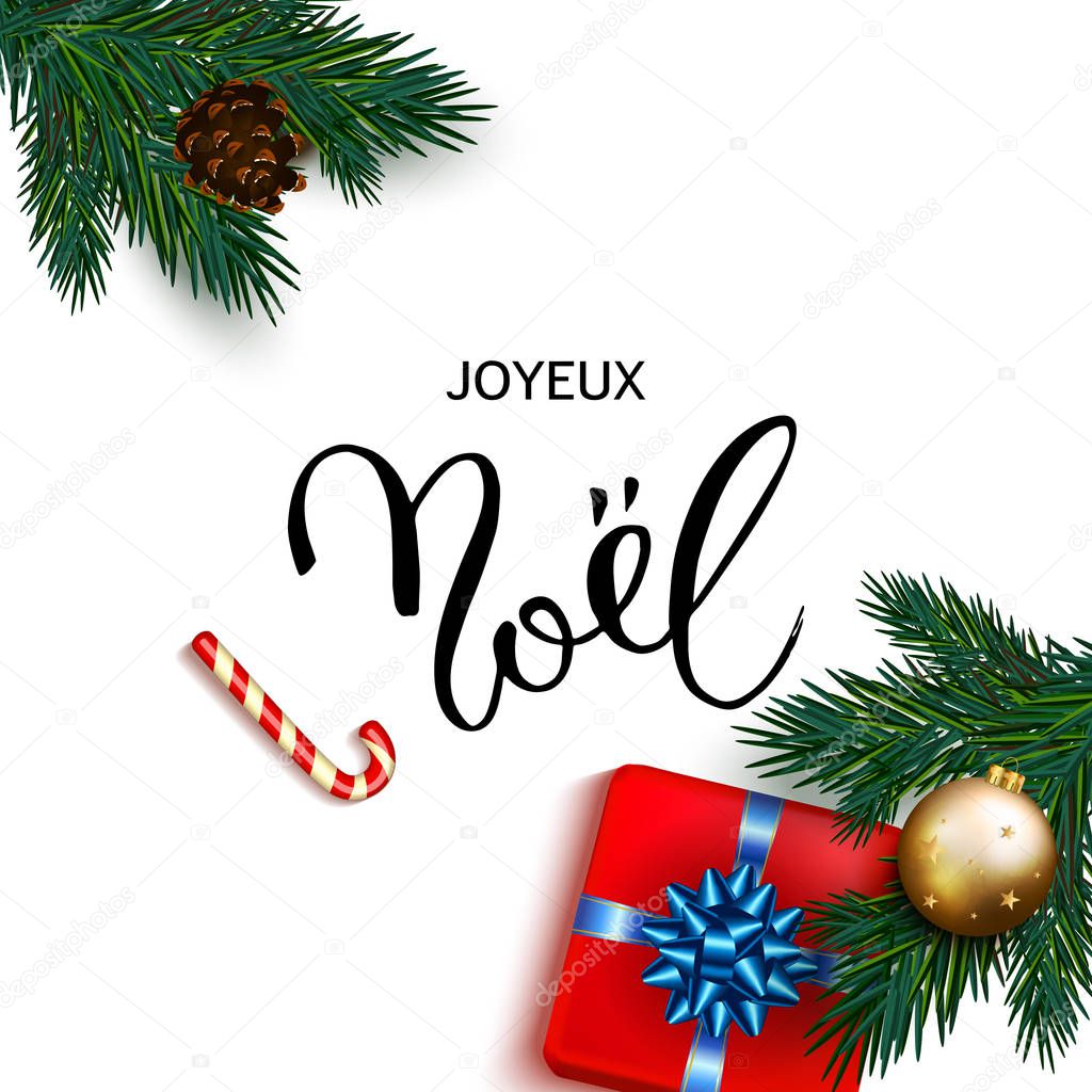 Joyeux noel French Merry Christmas Joyeux Noel greeting card with box gifts — Stock