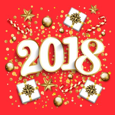 Mutlu yeni yıl tasarım düzeni 2018 kırmızı zemin üzerine. Hediye b