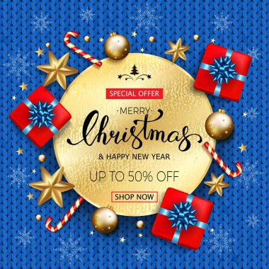 Hediye kutuları altın yıldız ve bub neşeli Noel satışı büyük başlığı