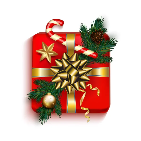 크리스마스 선물 상자 레드 골드 리본 활 전나무 나무에, — 스톡 벡터