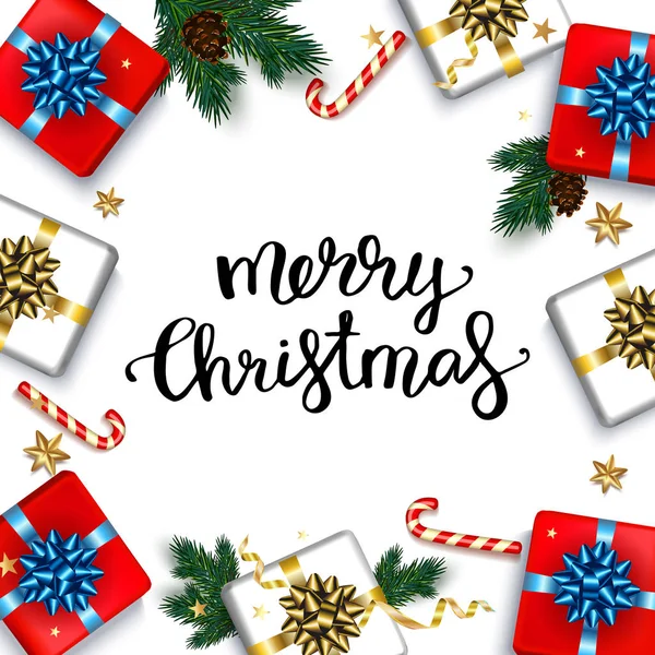 Weihnachtsgrußkarte mit Geschenkschachteln Set mit Schleife und Tanne br — Stockvektor