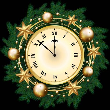 Neşeli Noel afiş saat, Çamın dalları dekore edilmiş, altın ile