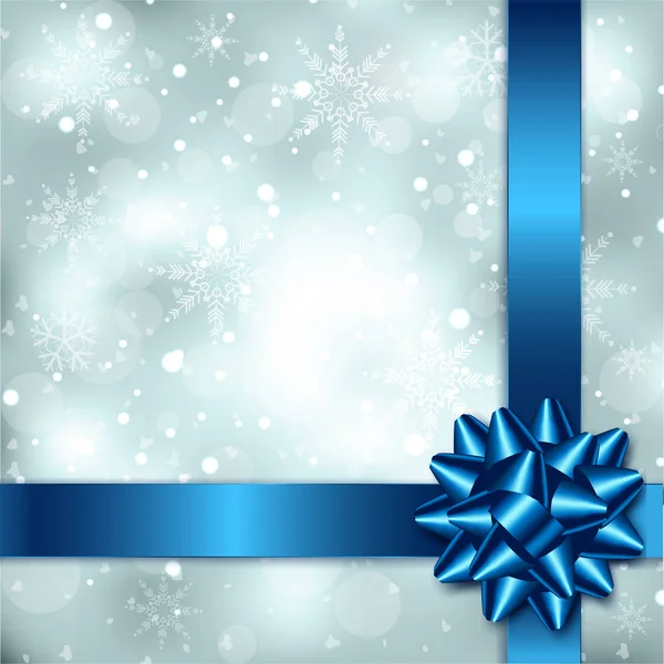 Fundo de Natal elegante com arco azul, fita e floco de neve —  Vetores de Stock