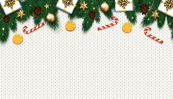 Decoración de Navidad con abeto, regalo, bastones de caramelo en k blanco — Archivo Imágenes Vectoriales