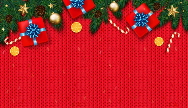 Decoración de Navidad con abeto, regalo, bastones de caramelo en kni rojo — Vector de stock