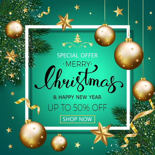 Neşeli Noel satışı büyük başlığı Çamın dalları ile dekore edilmiş, altın s
