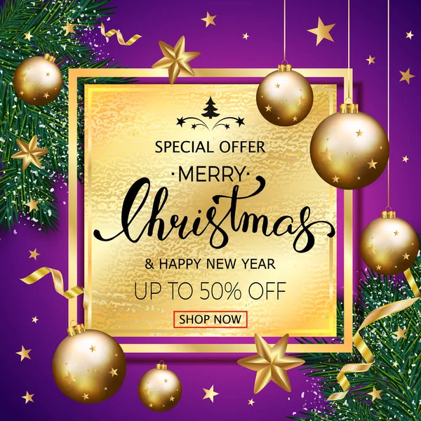 Neşeli Noel satışı büyük başlığı Çamın dalları ile dekore edilmiş, altın s