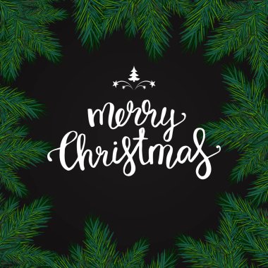 Köknar ile gerçekçi Noel çerçeve. Neşeli Noel tipografi l