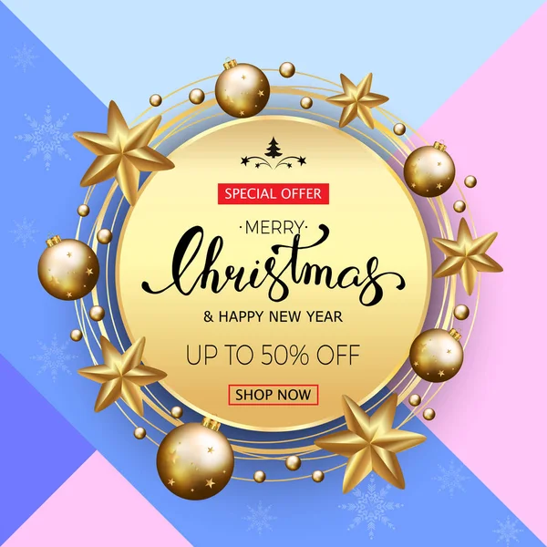 Feliz banner de venda de Natal com estrelas douradas e bolhas. Efeito —  Vetores de Stock