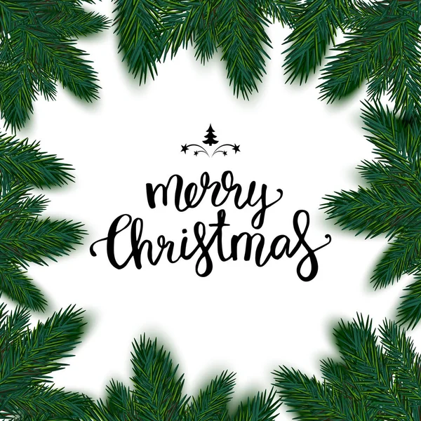 Köknar ile gerçekçi Noel çerçeve. Neşeli Noel tipografi l