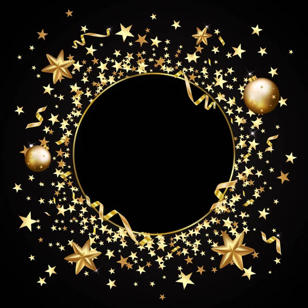 Confiti dorado sobre fondo negro. Estrellas cayendo, purpurina, dus — Vector de stock