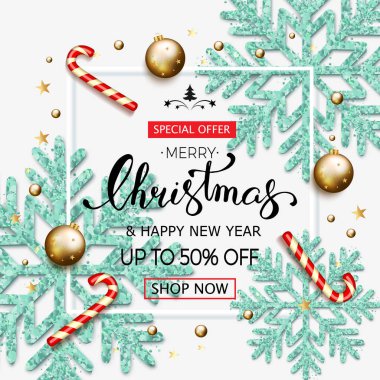 Neşeli Noel satış afiş ile parlayan mavi kar taneleri, altın b