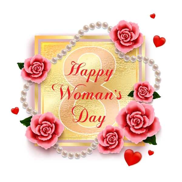 Glückliche Frauen Tag 8 März mit Rosen, Herzen und Perlen auf weiß — Stockvektor