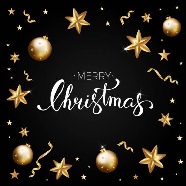 Neşeli Noel tebrik kartı Altın süslemeleri ve calligra