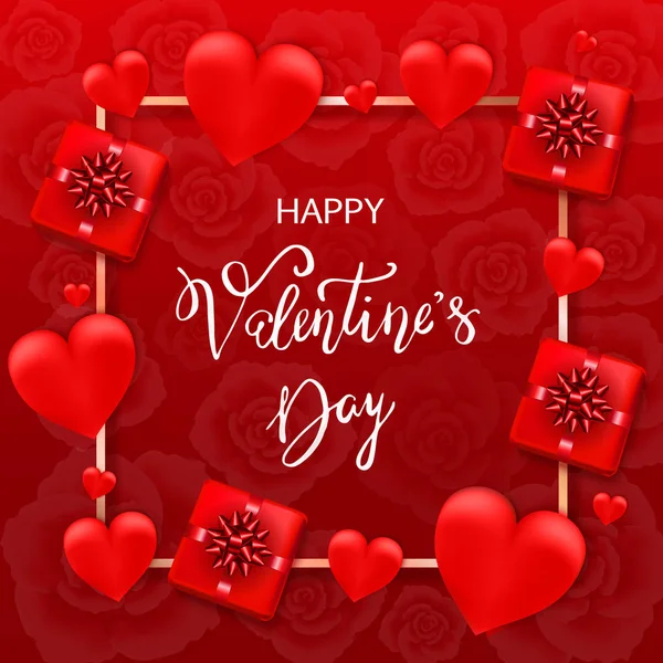 Fondo del día de San Valentín con corazones, flores, caja de regalo y han — Vector de stock