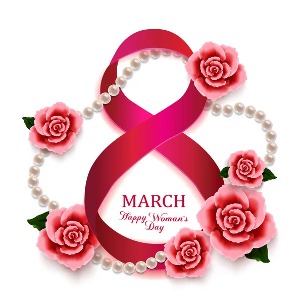 Feliz dia das mulheres 8 de março com rosas, corações e pérolas em branco —  Vetores de Stock