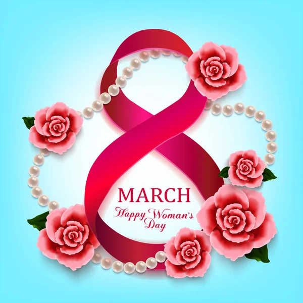 Feliz dia das mulheres 8 de março com rosas, corações e pérolas em azul — Vetor de Stock