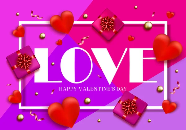 Día de San Valentín fondo elegante con corazones, caja de regalo en brigh — Vector de stock