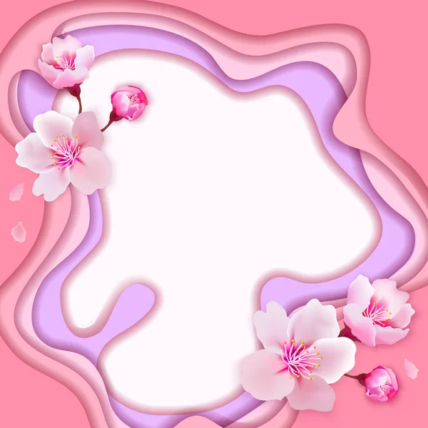 Vector Banner de primavera con flores de cerezo en papel hermoso cu — Vector de stock