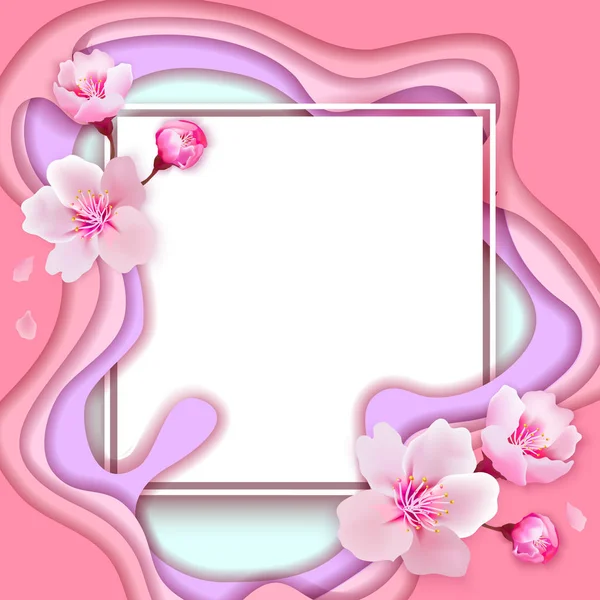 Banner de primavera con flores de cerezo en hermoso estilo de corte de papel — Vector de stock