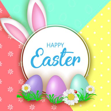 Çiçekler, Paskalya yumurtaları ve tavşan e ile şirin Paskalya tebrik kartı