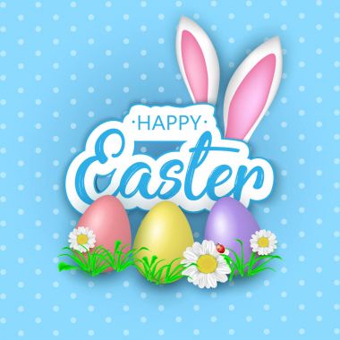 Çiçekler, Paskalya yumurtaları ve tavşan e ile şirin Paskalya tebrik kartı