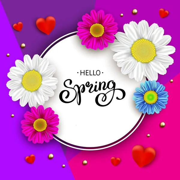 Vektor Gänseblümchen Hintergrund und Frühling Hand Schriftzug — Stockvektor