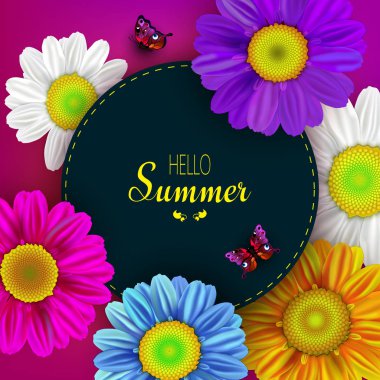 Yaz tebrik kartı çiçekler ve kelebekler ile Merhaba. Vektör