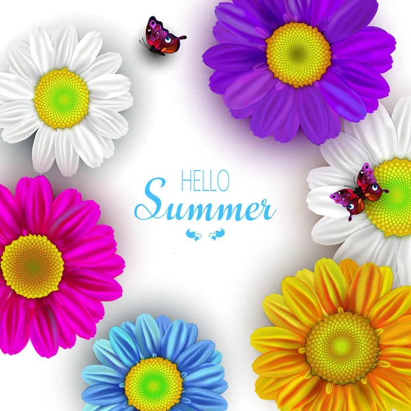 Summer card with flowers and butterflies on white background. Ve — Stock Vector