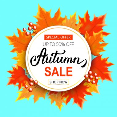 Sonbahar sonbahar Satılık parlak afiş üzerinde mavi backgr yaprakları