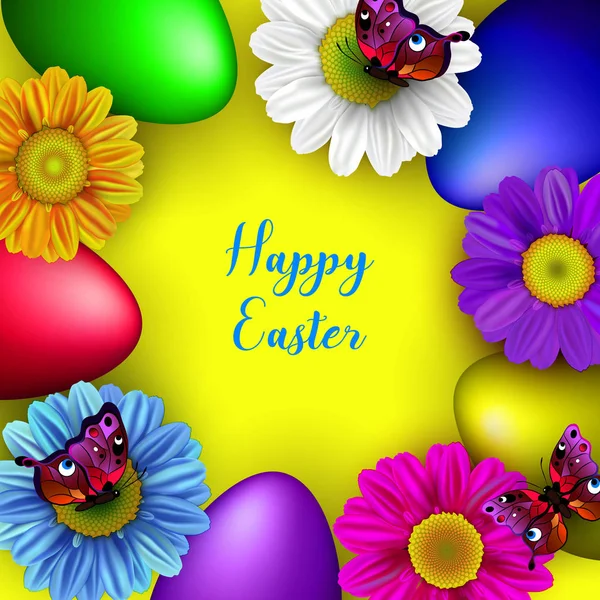 Tarjeta de felicitación de Pascua con flores, huevos de Pascua y mariposas o — Vector de stock