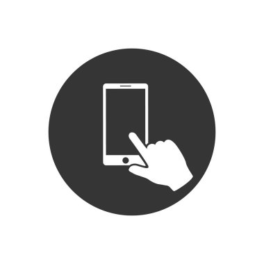 Parmağını akıllı telefon ekranına koy. Eller akıllı telefonu tutar ve parmaklar ekrana dokunur. Düz tasarım simgesi
