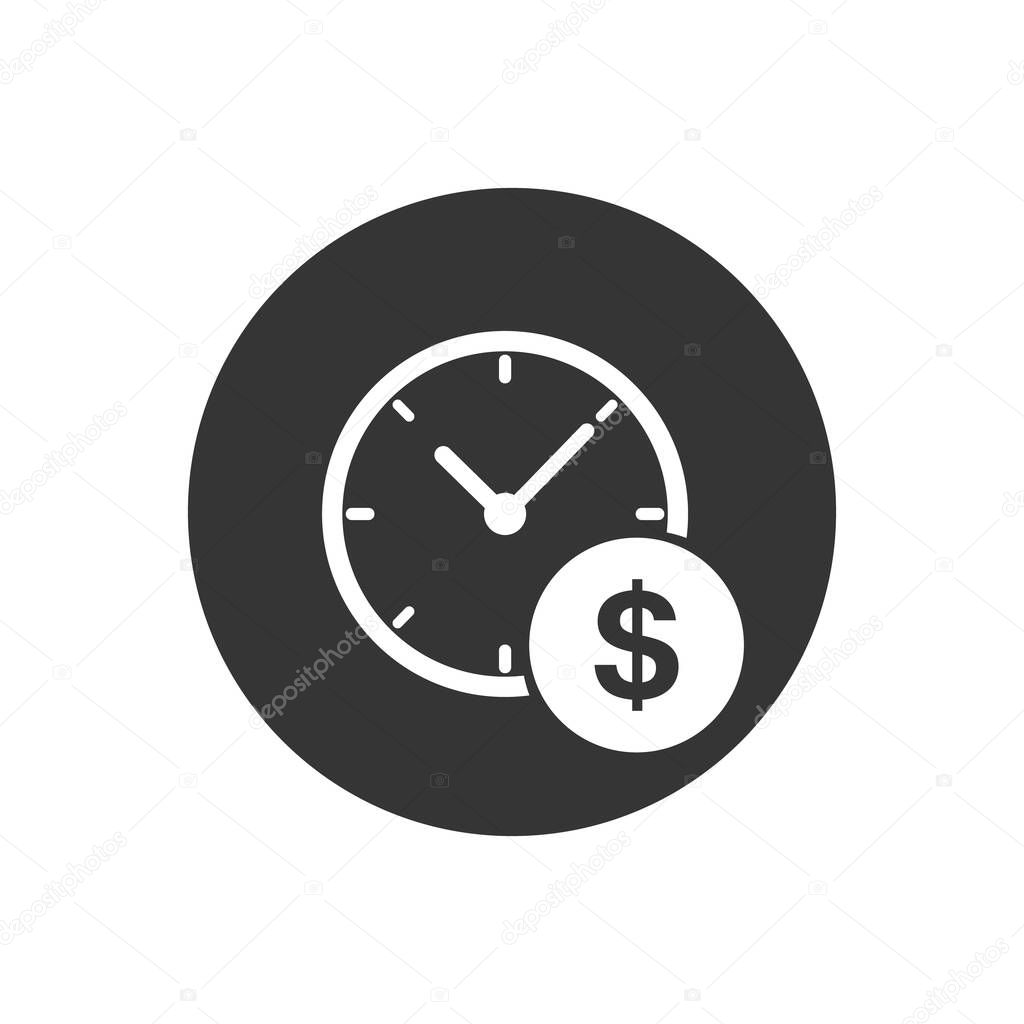 Business and finance management white icon in flat style. Time is money vector illustration on gray background. Financial strategy business concept