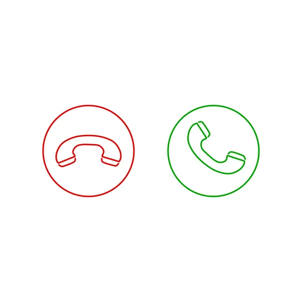Telefonvonal ikonok. Hívás fogadása és elutasítása gomb. Zöld és piros gombok kézi sziluettekkel. Fehér alapon izolált vektorikonok — Stock Vector