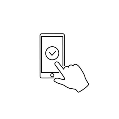 Akıllı telefon ekranında işaretle. Eller akıllı telefonu tutar ve parmaklar ekrana dokunur. Düz tasarım çizim çizgisi dolandırıcılığı