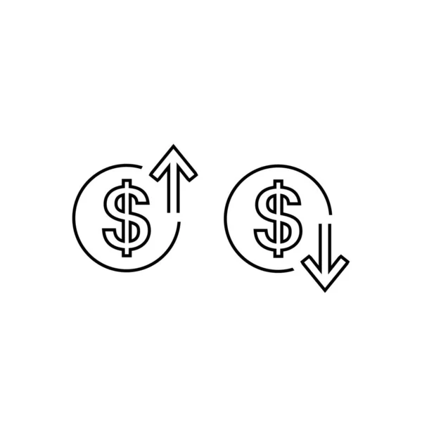 Flechas arriba y abajo con signo de dólar en diseño de icono de línea plana sobre fondo de color blanco. Vector — Archivo Imágenes Vectoriales