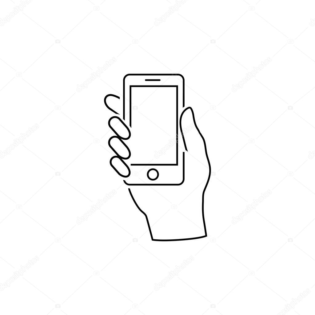 Hand hold the smartphone line icon. Vector in modern flat