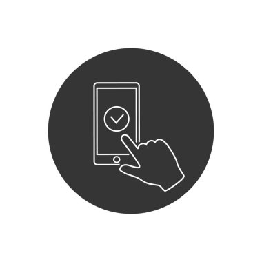 Akıllı telefon ekranında işaretle. Eller akıllı telefonu tutar ve parmaklar ekrana dokunur. Düz tasarım çizelgesi
