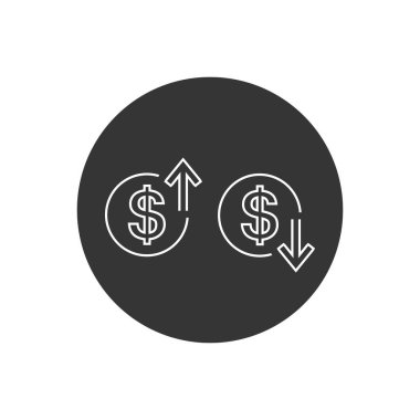 Beyaz arkaplanda düz çizgi simgesi tasarımı ile dolar işareti ile yukarı ve Aşağı oklar.