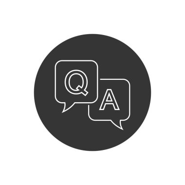 Düz bir şekilde soru ve cevap satırı simgesi. Beyaz arka planda konuşma balonu vektör illüstrasyonunu tartışın. Soru, cevap işi.