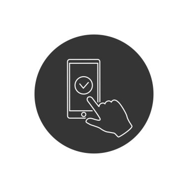 Akıllı telefon ekranında işaretle. Eller akıllı telefonu tutar ve parmaklar ekrana dokunur. Düz tasarım çizim çizgisi dolandırıcılığı