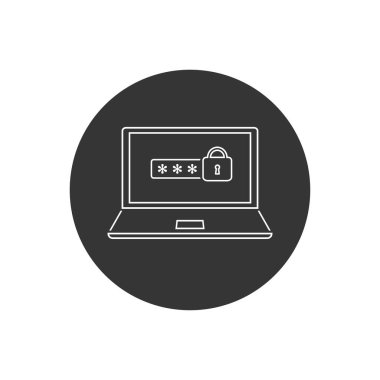 Şifreli dizüstü bilgisayar ve kilit satırı simgesi izole edildi. Güvenlik kavramı, kişisel erişim, kullanıcı yetkisi, giriş formu. Vektör İllüstrasyonu