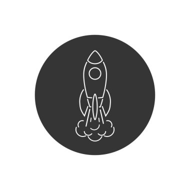 Beyaz arkaplanda izole edilmiş roket çizgisi simgesinin tek renkli vektör çizimi