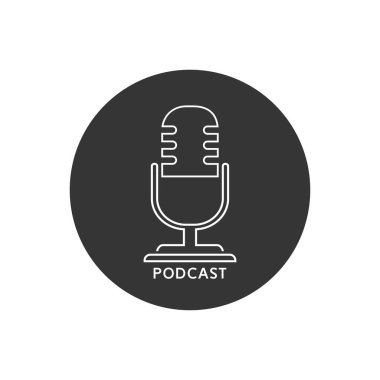 Podcast radyo hattı ikonu illüstrasyonu. Stüdyo masa mikrofonu ve yayın metni podcast. Web yayını ses kaydı konsepti logosu