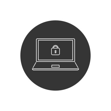 Vektör teknolojisi dizüstü bilgisayar hattı simgesi. Bilgisayar ekranında kilit işareti var. Düz bir dizüstü bilgisayar emniyetinin canlandırması