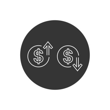 Beyaz arkaplanda düz çizgi simgesi tasarımı ile dolar işareti ile yukarı ve aşağı oklar. Vektör