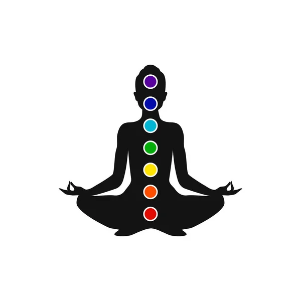 Figura Homem Com Símbolos Conceito Meditação Chakras Posição Ioga Vetor — Vetor de Stock