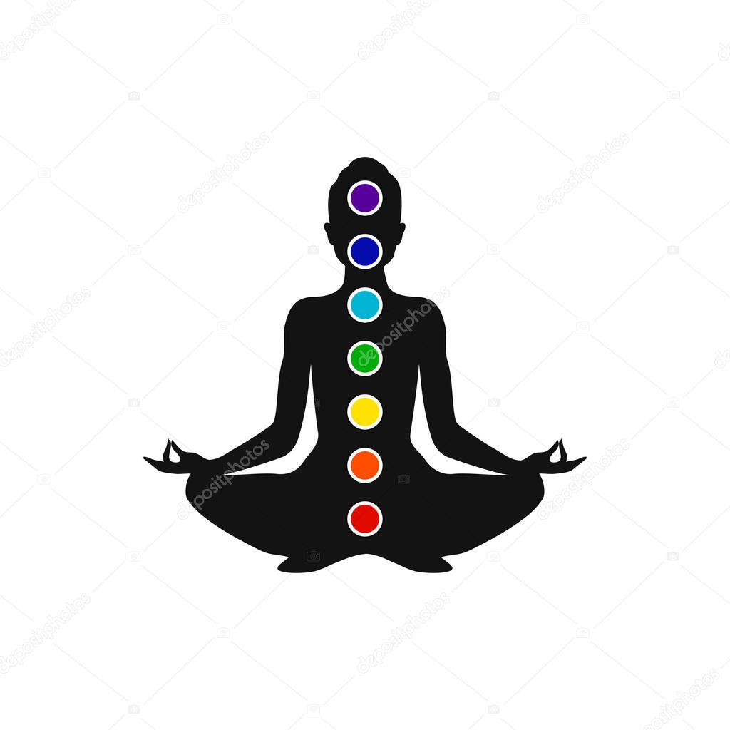 Man figure with symbols of chakras meditation concept, yoga position. Vector