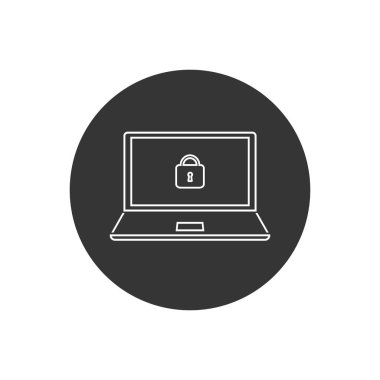 Vektör teknolojisi dizüstü bilgisayar hattı simgesi. Bilgisayar ekranında kilit işareti var. Düz bir dizüstü bilgisayar emniyetinin canlandırması